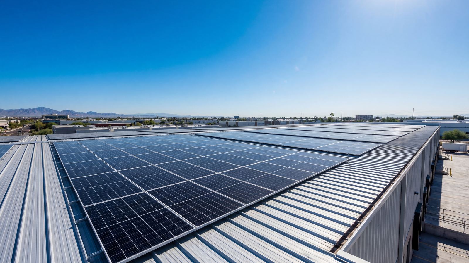 Paneles solares sobre la cubierta de una nave industrial, bajo cielo despejado.